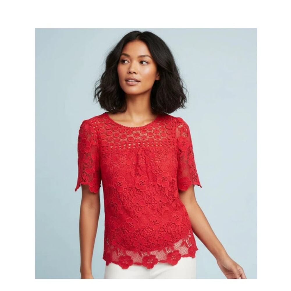 Anthropologie Red Lace Short Sleeve Round Neck A Line Blouse 0